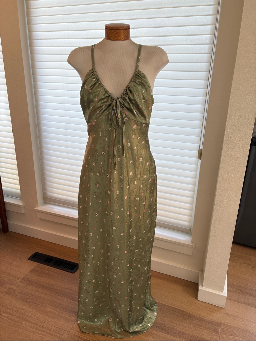 Olive Green Floral Tie-Front Maxi Dress